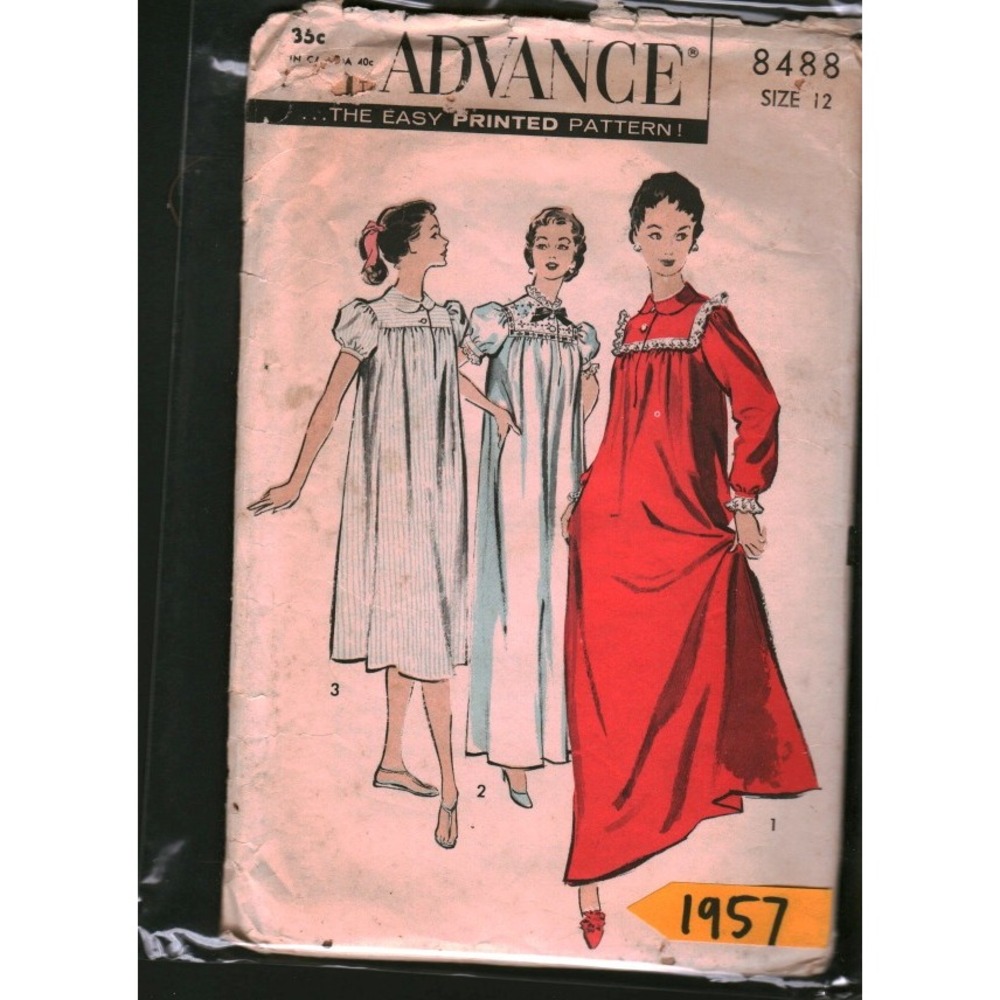 8488 Vintage 1957 Advance Nightgown Sewing Pattern Size 12 Bust 32 MCM Sleepwear